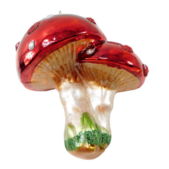 Double Mushroom Christmas Ornament Blown Glass  by Shavel  4" - Picture 2 of 10
